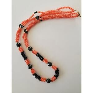 Vintage Braided Black and Salmon Coral Glass Bead Necklace